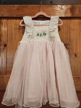 Well Dressed Wolf Pink Tulle Dress with Cream Bodice and Floral Embroidery